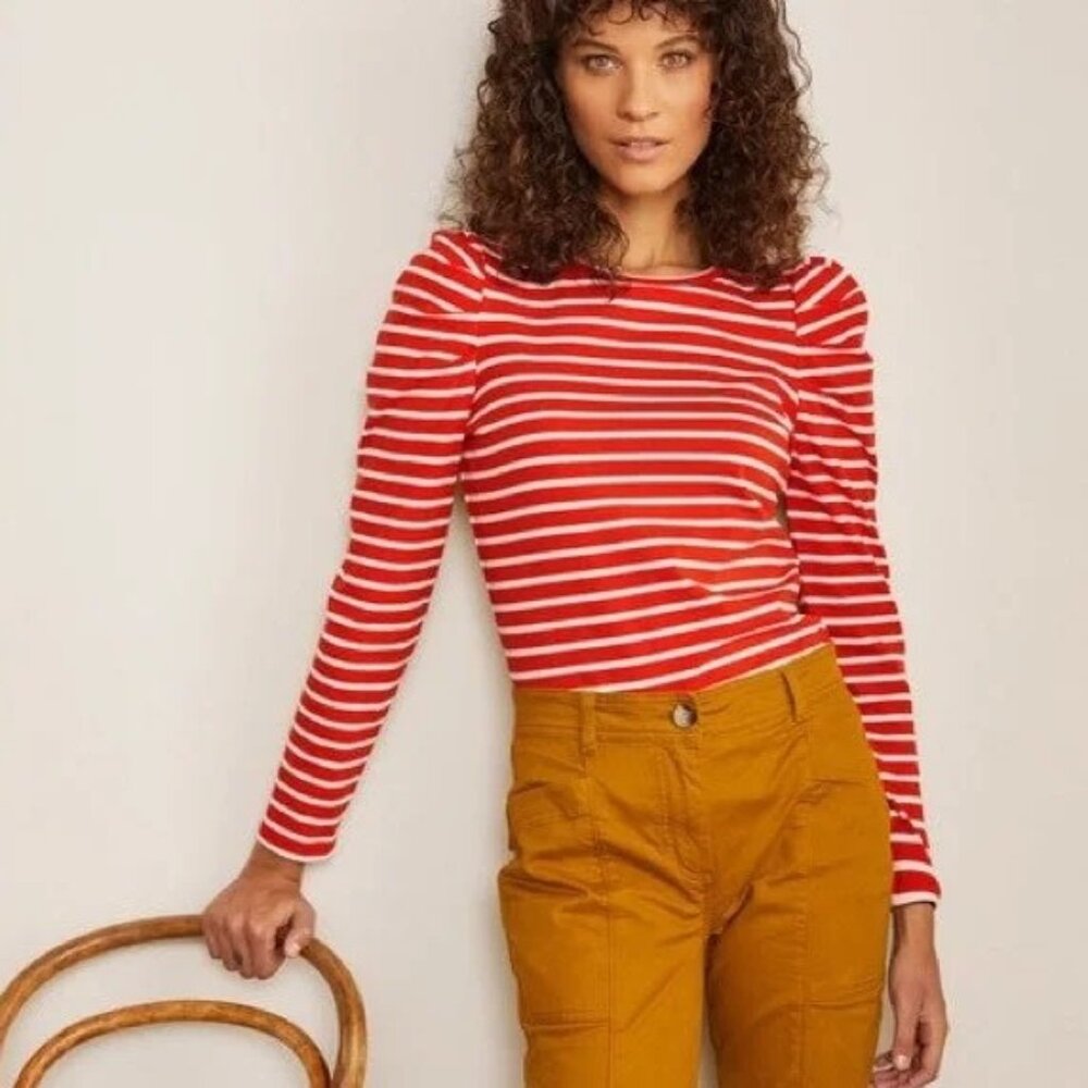 Boden Red and White Striped Long Sleeve Top